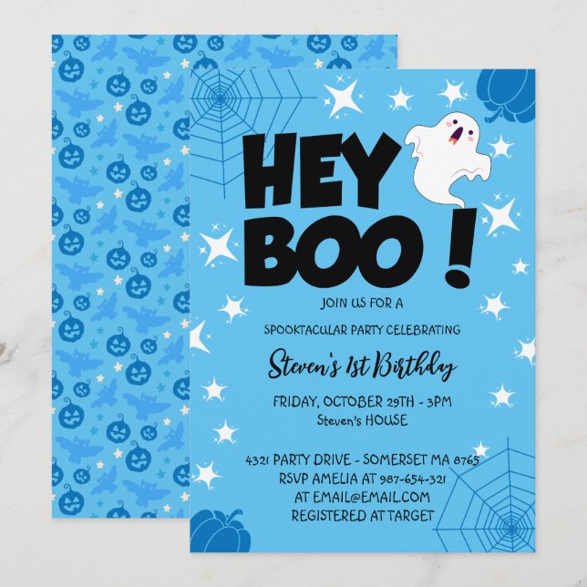 Invitation Blue Custom Halloween 1er anniversaire fête, Hey B (Devant / Derrière)