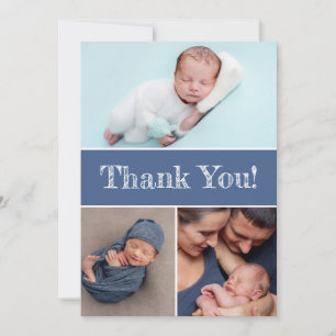 Invitation Blue Custom Multiple Photos Baby boy Douche Merci