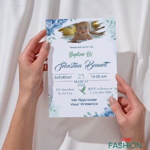 Invitation Blue Cute Floral Custom Photo Baptême Religieux
