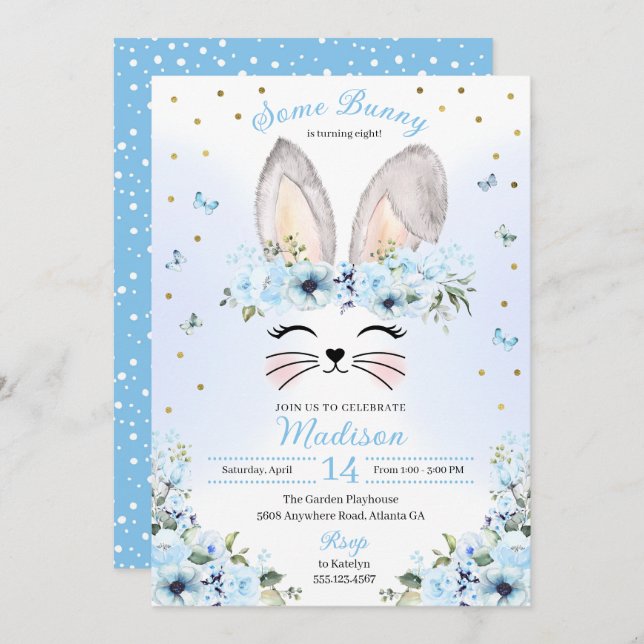 Invitation Blue Cute Rabbit Oreilles Florales Pâques Annivers (Devant / Derrière)