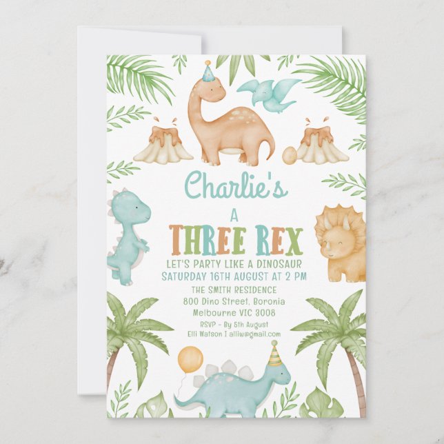 Invitation Blue Cute Three Rex Dinosaur 3e anniversaire (Devant)