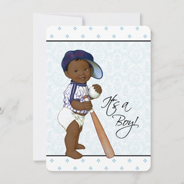 Invitation Blue Damask African American Baby Boy Douche (Devant)