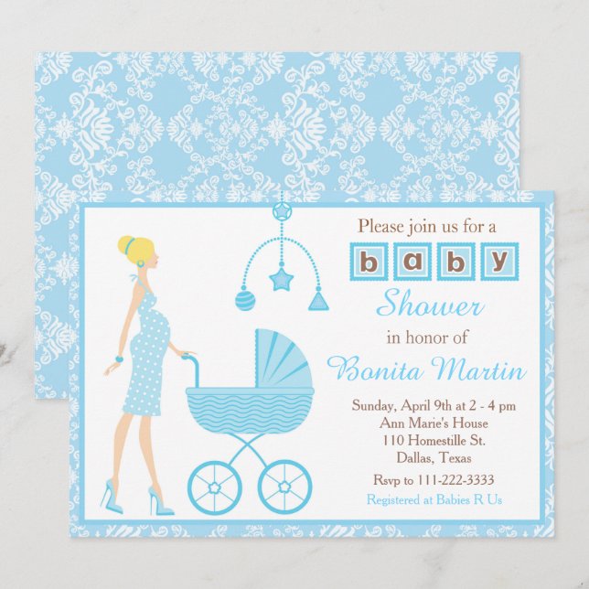 Invitation Blue Damask Blonde Attente Baby shower garçon (Devant / Derrière)