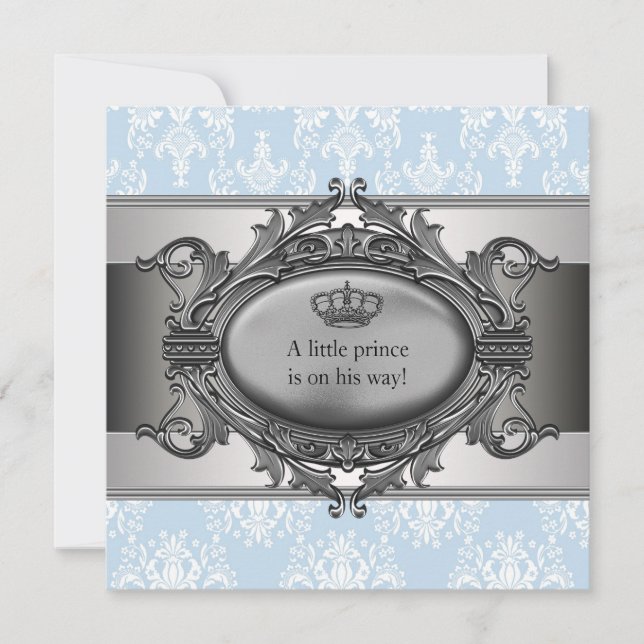 Invitation Blue Damask Prince Baby Boy Douche (Devant)