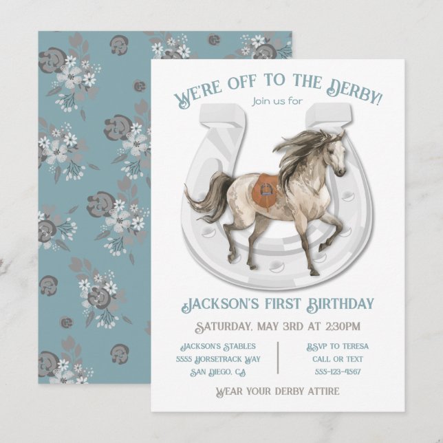 Invitation Blue Derby Horse Racing Anniversaire Fête Invitati (Devant / Derrière)