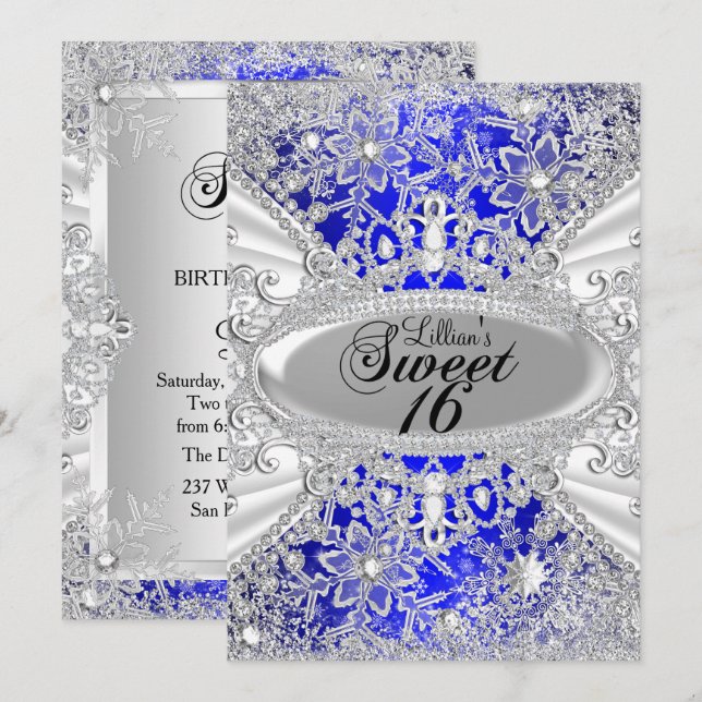 Invitation Blue Diamond Snowflake Winter Wonderland Sweet 16 (Devant / Derrière)