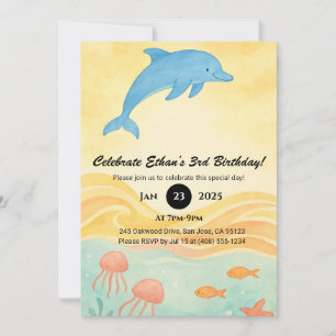 Invitation Blue Dolphin & Jellyfish Ocean Scene Anniversaire