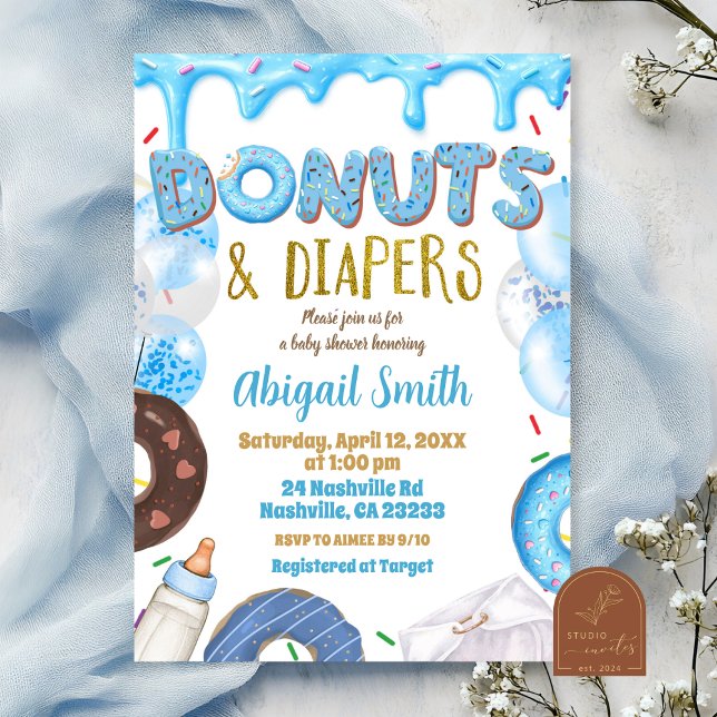 Invitation Blue Donuts and Diapers baby shower  (Créateur téléchargé)