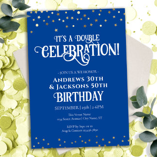 Invitation Blue Double Anniversaire Party Star Confetti