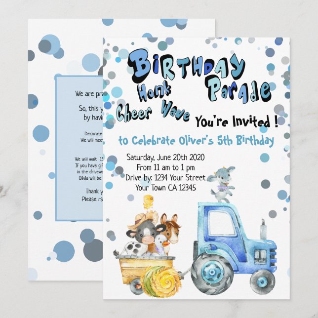 Invitation Blue Drive By Birthday Farm Animaux (Devant / Derrière)