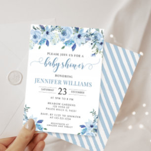 Invitation Blue élégant aquarelle fleurie bébé garçon douche