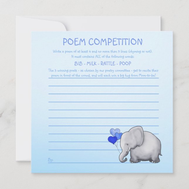 Invitation Blue Elephant Baby shower poème jeu de compétition (Devant)