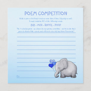 Invitation Blue Elephant Baby shower poème jeu de compétition