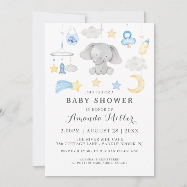 Invitation Blue Elephant Boy Toys Baby shower Aquarelle (Devant)