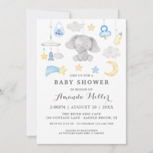 Invitation Blue Elephant Boy Toys Baby shower Aquarelle