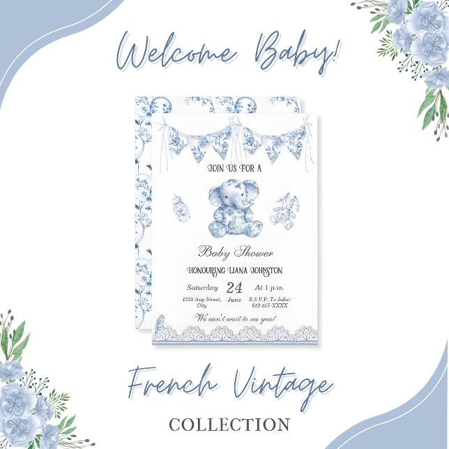 Invitation Blue Elephant Chinoiserie-Baby shower (elephant-baby-shower-vintage-blue-collection)
