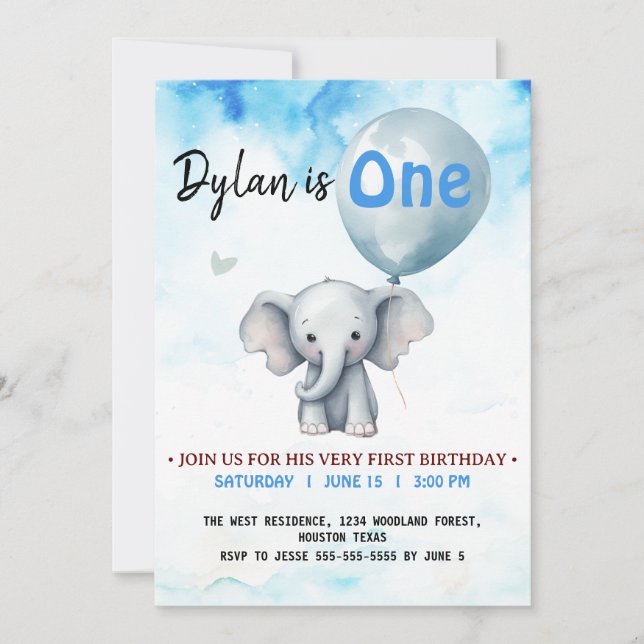 Invitation Blue Elephant fête de premier anniversaire (Devant)