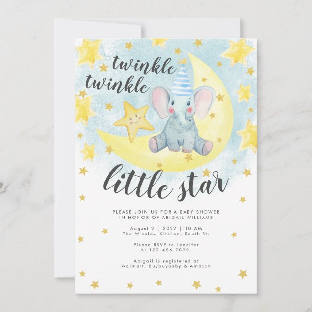 Invitation Blue Elephant Gold Twinkle Baby shower Little Star (Devant)