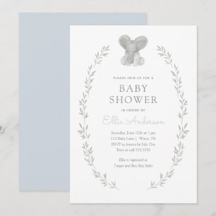 Invitation Blue Elephant Greenery Baby shower garçon