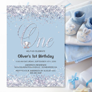 Invitation Blue Elephant Parties scintillant 1er fête d'anniv