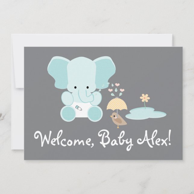 Invitation Blue Elephant Petit Oiseau Bienvenue bébé (Devant)