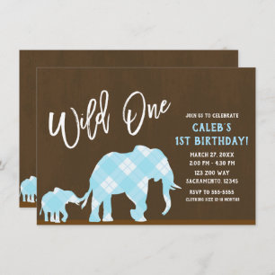 Invitation Blue Elephants Brown Moderne SAUVAGE UN 1ER annive