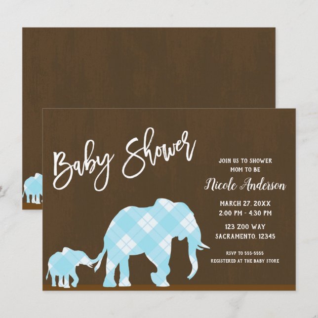 Invitation Blue Elephants Brown tendance Baby shower moderne (Devant / Derrière)