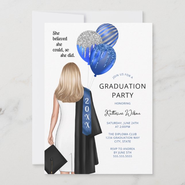 Invitation Blue Elle Croit Photo Graduation Party (Devant)