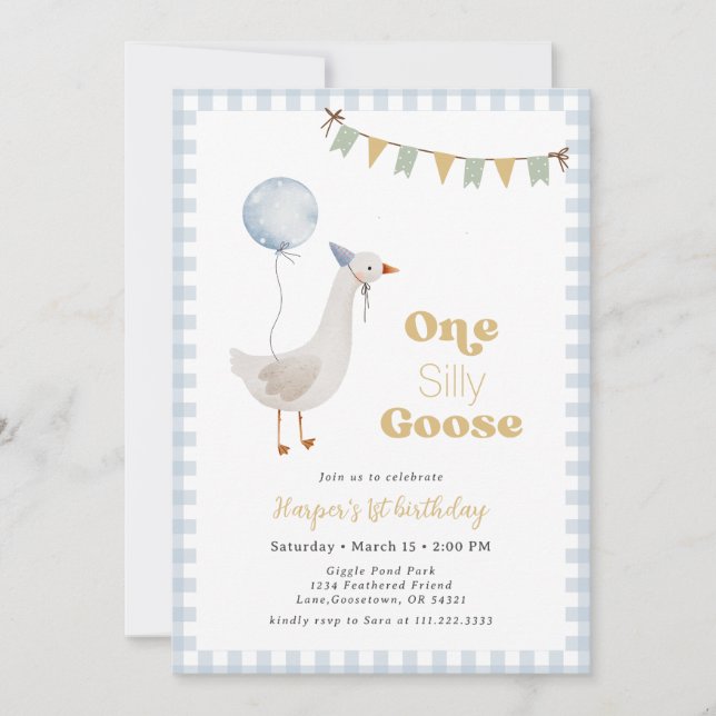 Invitation Blue En vichy Boy One Silly Goose Birthday (Devant)