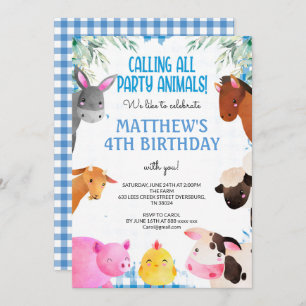 Invitation Blue En vichy Farm Animaux Garçon Anniversaire Bar