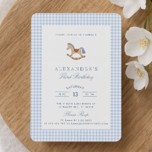 Invitation Blue En vichy Rocse garçons Cheval Anniversaire