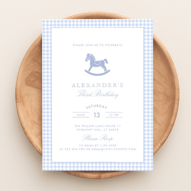 Invitation Blue En vichy Rocse Horse Boy Anniversaire (Créateur téléchargé)