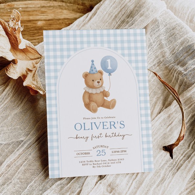 Invitation Blue En vichy Teddy Bear Balloon Boy 1er anniversa (Créateur téléchargé)