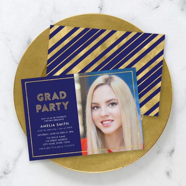 Invitation Blue et Faux Gold Géométrique Photo Grad Party (Créateur téléchargé)