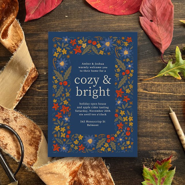 Invitation Blue Fall Folksy Floral Frame d'automne (blue, moss green, golden yellow and red-orange folk floral frame autumn fall party invitation)