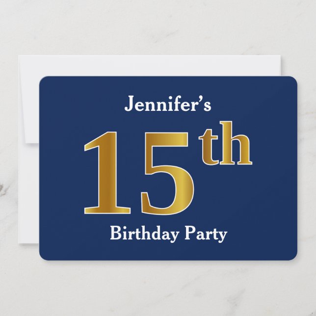 Invitation Blue, Faux Gold 15e fête d'anniversaire + Nom pers (Devant)