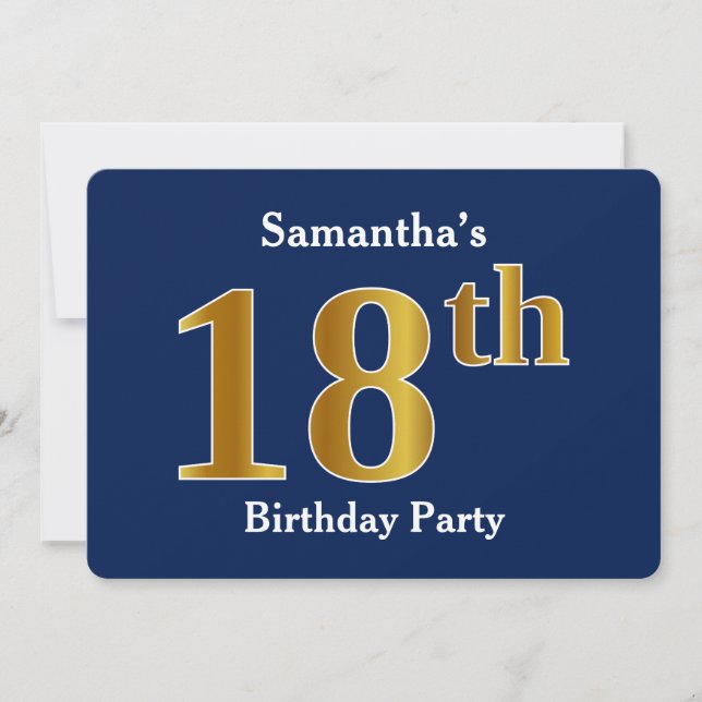 Invitation Blue, Faux Gold 18e fête d'anniversaire + Nom pers (Devant)