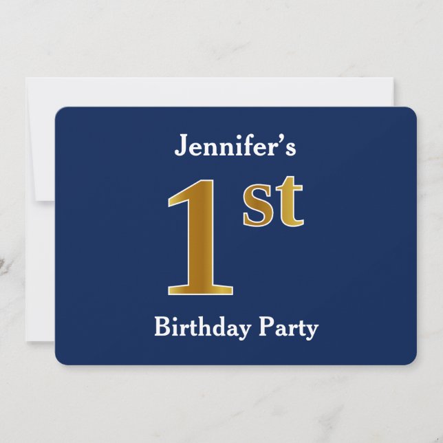 Invitation Blue, Faux Gold 1er Anniversaire Fête + Nom person (Devant)