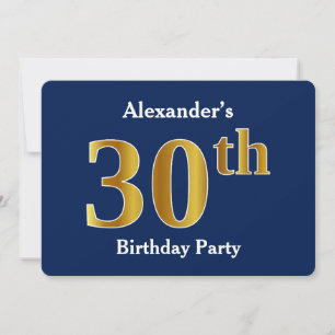 Invitation Blue, Faux Gold 30th Birthday Party + Nom personna