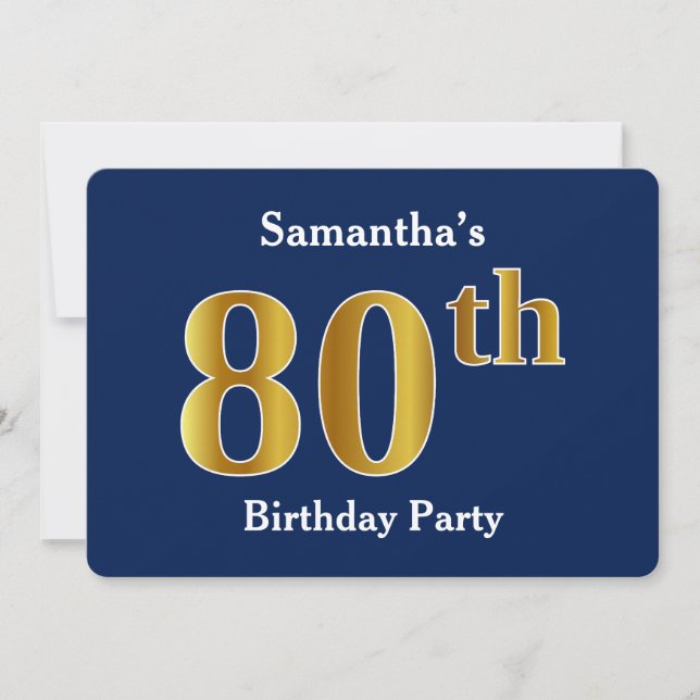 Invitation Blue, Faux Gold 80th Birthday Party + Nom personna (Devant)