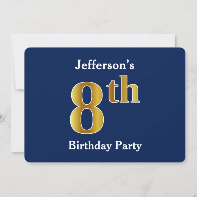 Invitation Blue, Faux Gold 8e fête d'anniversaire + Nom perso (Devant)