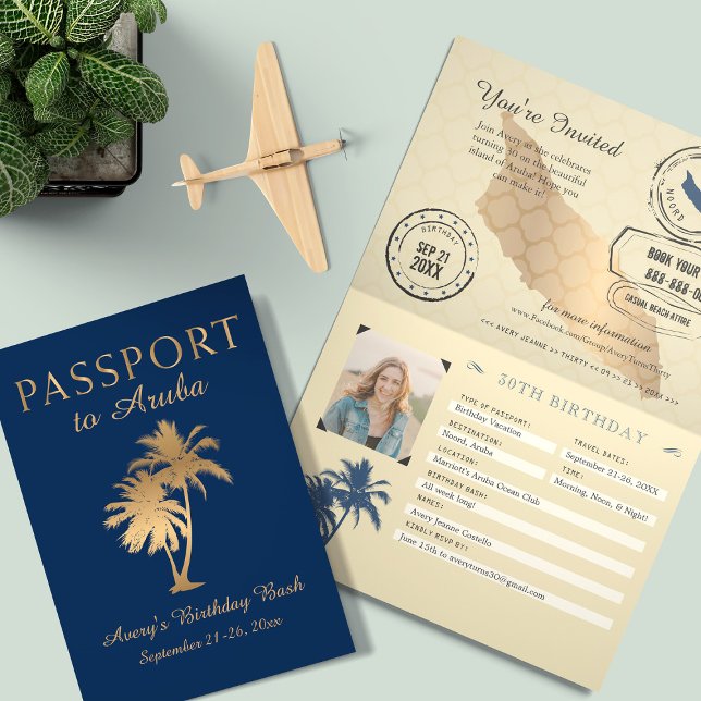 Invitation Blue Faux Gold Foil Passeport Aruba Anniversaire (Créateur téléchargé)