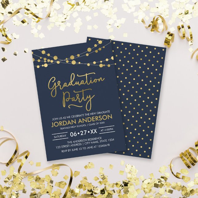 Invitation Blue Faux Gold Strings of Lights Graduation Party (Créateur téléchargé)