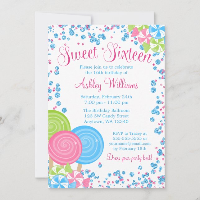 Invitation Blue Faux Parties scintillant Candy thème Sweet 16 (Devant)