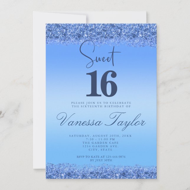 Invitation Blue Faux Parties scintillant Sweet 16 Anniversair (Devant)