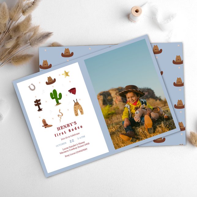 Invitation Blue First Rodeo Cowboy Anniversaire de enfant Pho (Créateur téléchargé)