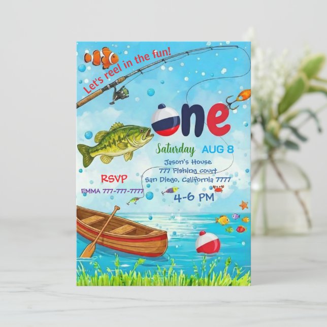 Invitation Blue Fish Boat Ofishally One 1st Birthday Invitati (Debout devant)