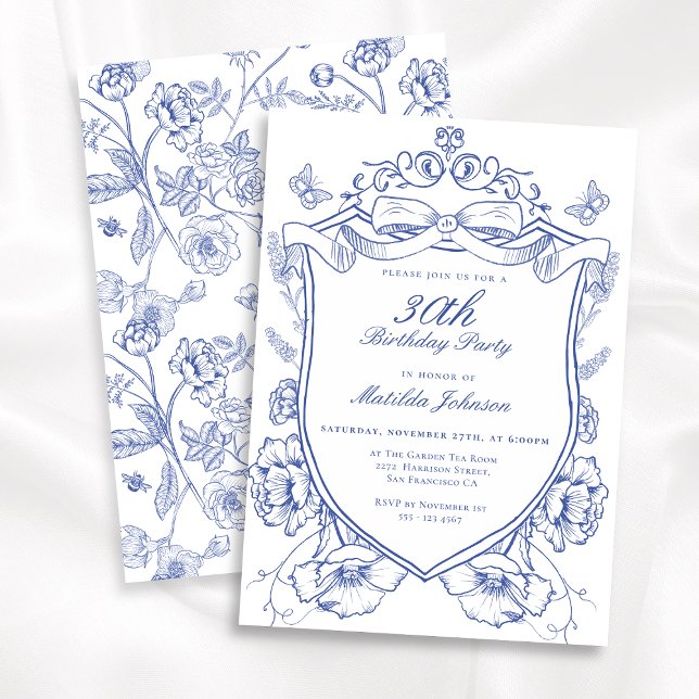 Invitation Blue Floral 30e fête d'anniversaire (Blue Floral 30th Birthday Party Invitation)