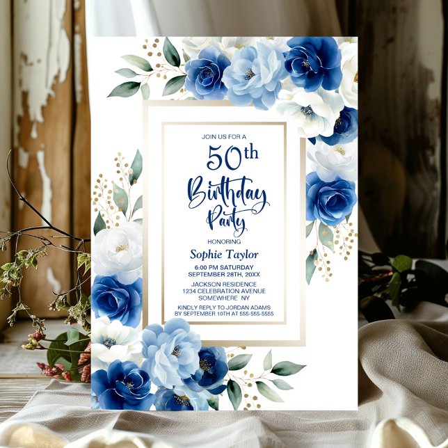 Invitation Blue Floral 50e fête d'anniversaire (Créateur téléchargé)