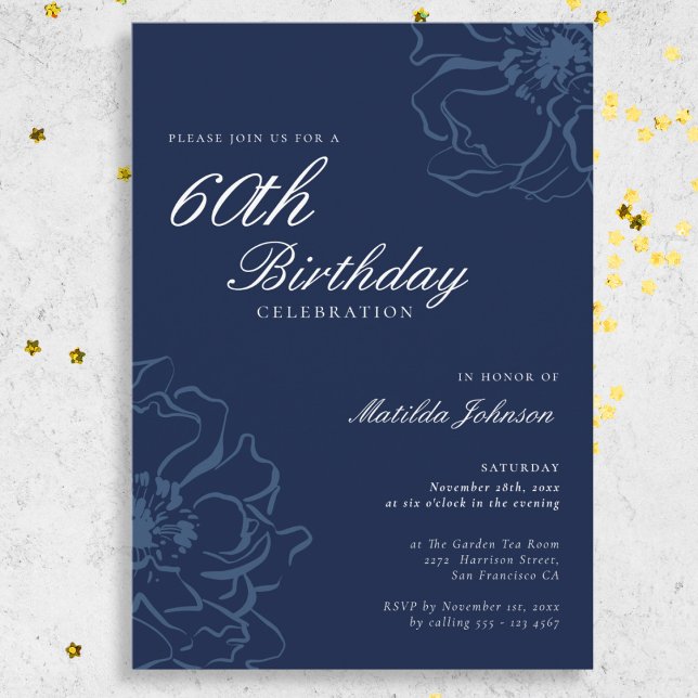 Invitation Blue Floral 60e fête d'anniversaire (Blue Floral 60th Birthday Party Invitation)